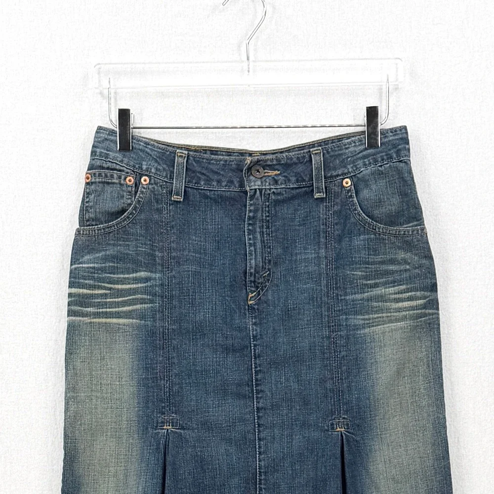 LEVIS Vintage Y2K Denim Skirt Women 28 Blue Pleated Midi Distressed USA Made - Picture 4 of 14